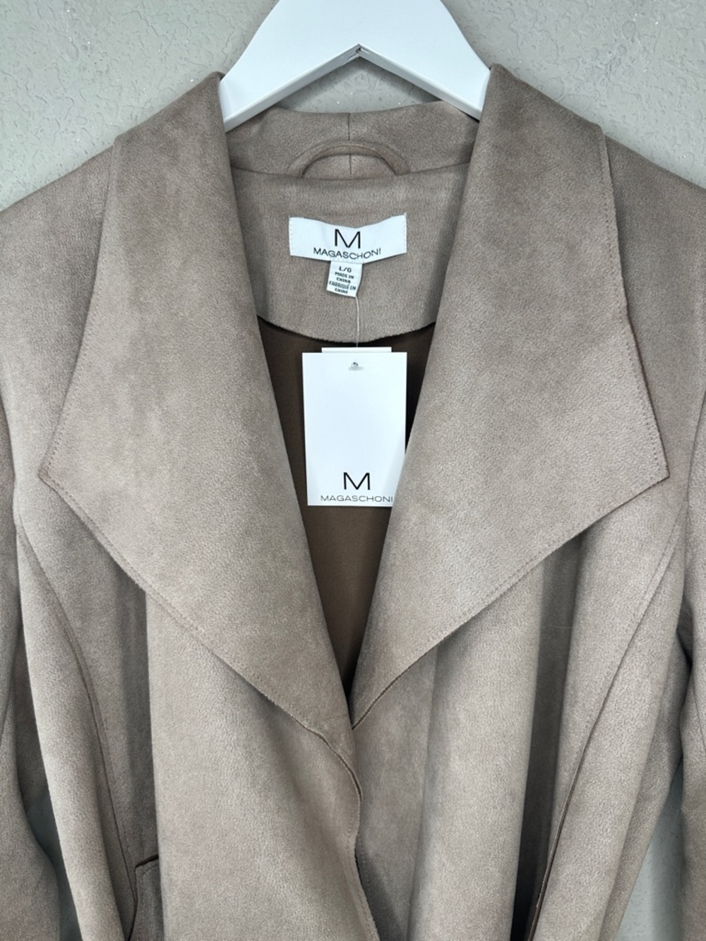 Magaschoni Women's Belted Faux‎ Leather Suede Hip Length Trench Coat Size Large - Picture 4 of 13